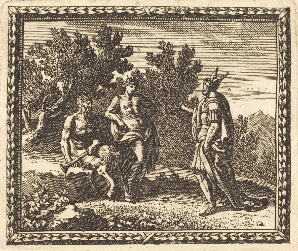 Midas with Apollo and Pan by Jean Lepautre, print, 1676