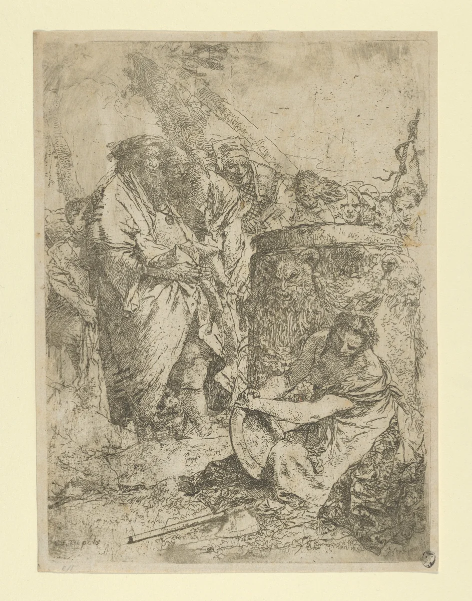 Woman kneeling in front of Magicians and other Figures, from the Scherzi by Giovanni Battista Tiepolo, print, 1725-1780