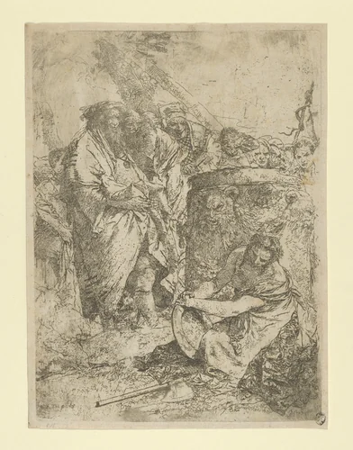 Woman kneeling in front of Magicians and other Figures, from the Scherzi by Giovanni Battista Tiepolo, print, 1725-1780