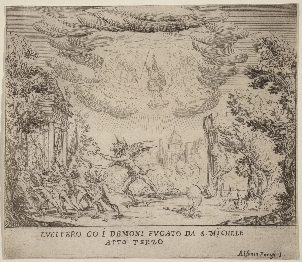 Lucifer and Demons Fleeing Saint Michael by Alfonso Parigi II, print, 1606-1656