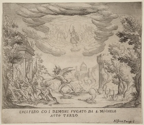 Lucifer and Demons Fleeing Saint Michael by Alfonso Parigi II, print, 1606-1656