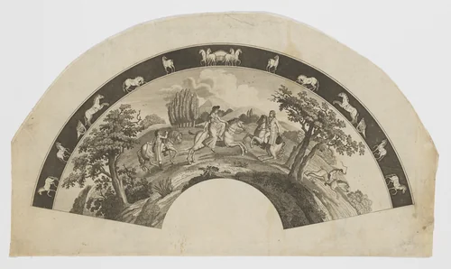 Fan leaf depicting a hunt scene by anonymous, print, 1800-1899