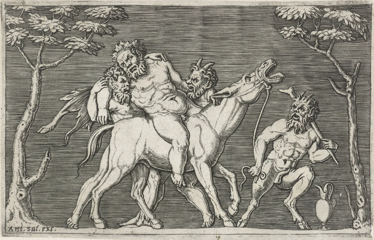 Twee satyrs zetten Silenus op een balkende ezel by Marcantonio Raimondi, print, 1510-1527
