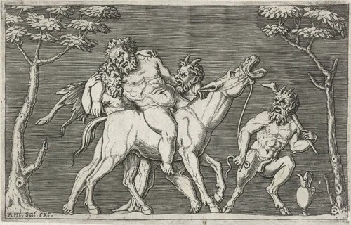 Twee satyrs zetten Silenus op een balkende ezel by Marcantonio Raimondi, print, 1510-1527