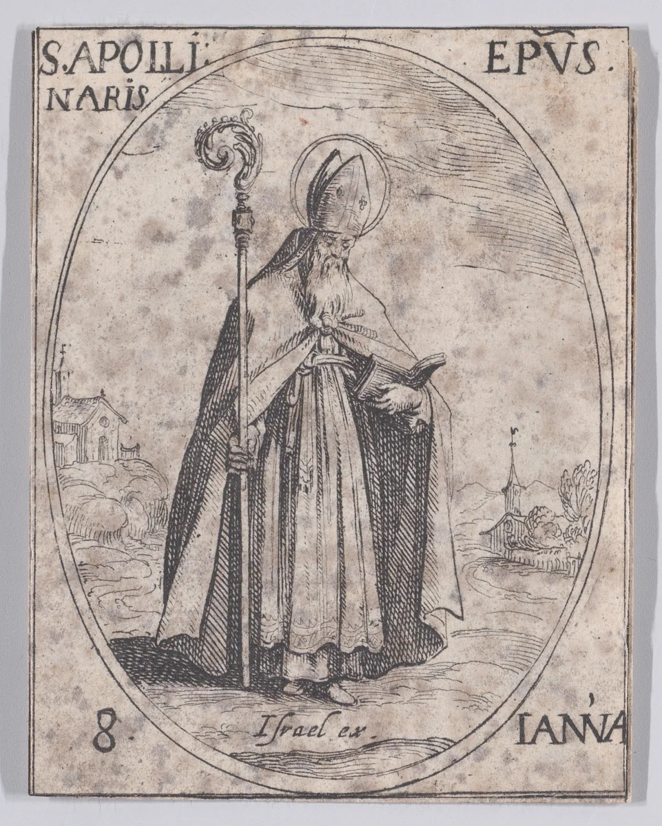 S. Apollinaire, évêque (St. Apollinaris, Bishop), January 8th, from "Les Images De Tous Les Saincts et Saintes de L'Année" (Images of All of the Saints and Feast Days of the Year) by Jacques Callot, print, 1636