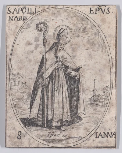 S. Apollinaire, évêque (St. Apollinaris, Bishop), January 8th, from "Les Images De Tous Les Saincts et Saintes de L'Année" (Images of All of the Saints and Feast Days of the Year) by Jacques Callot, print, 1636