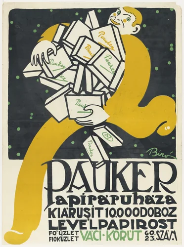 Pauker (Poster advertising paper products) by Mihály Biró, design, 1911