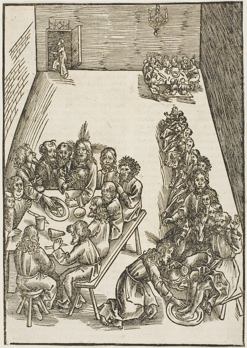 The Last Supper and Christ Washing the Feet of His Disciples, plate nine from Passio domini nostri Jesu Christi by Urs Graf, print, 1503-1506
