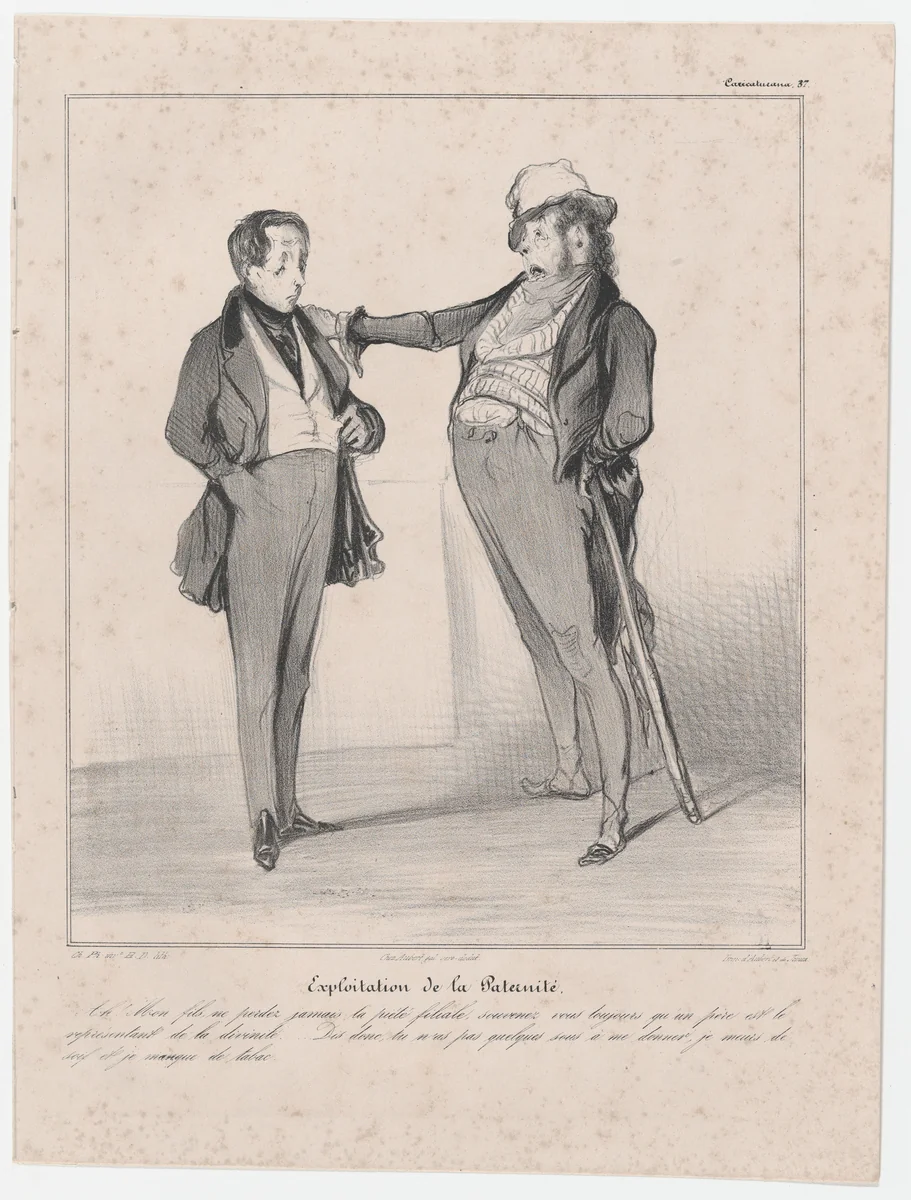 Plate 37: Exploitation of paternity, from 'Caricaturana,' published in Les Robert Macaires by Honoré Daumier, print, 1838