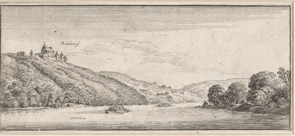 Landschap met gezicht op slot Rannariedl aan de Donau by Wenceslaus Hollar, print, 1625-1677