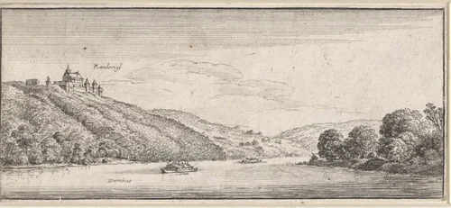 Landschap met gezicht op slot Rannariedl aan de Donau by Wenceslaus Hollar, print, 1625-1677