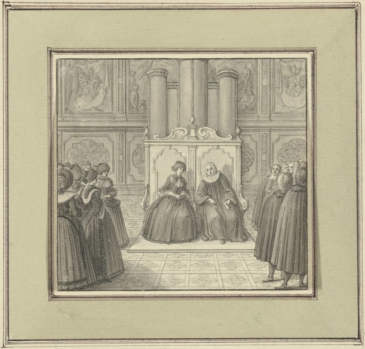 Man en vrouw in monumentale bank zittend tussen staande mensen by Catharina Heckel- Sperling, drawing, 1710-1732