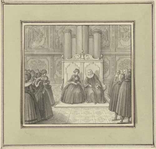 Man en vrouw in monumentale bank zittend tussen staande mensen by Catharina Heckel- Sperling, drawing, 1710-1732