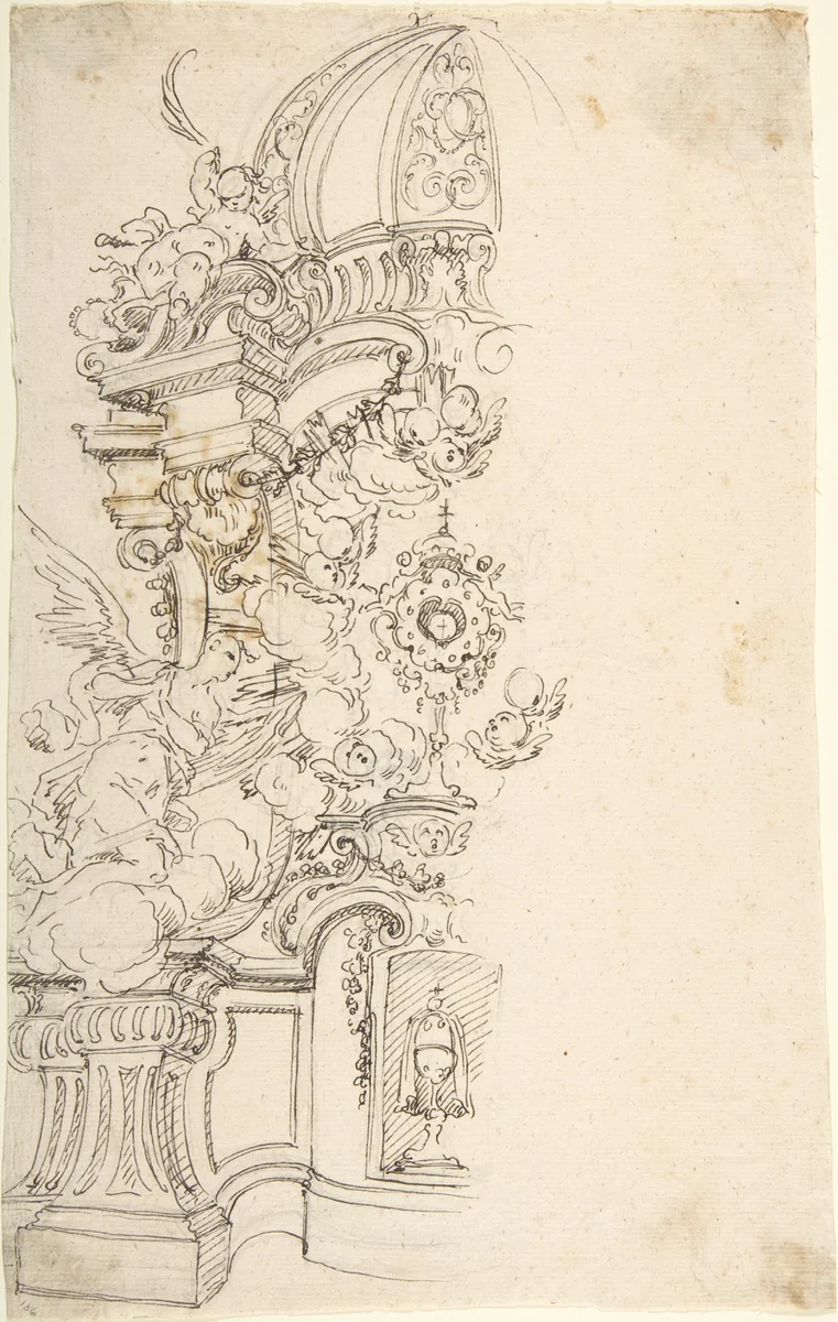 Design for One Half of an Altar, with an Angel (of the Annunciation) at the left by anonymous, drawing, 1700-1780