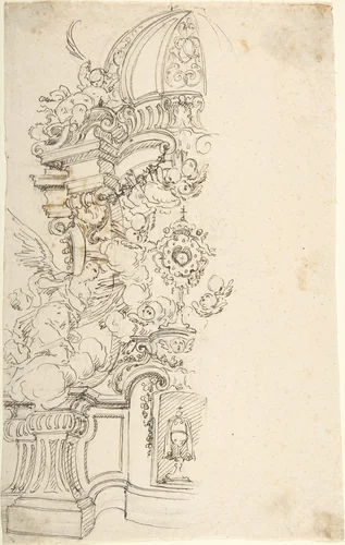 Design for One Half of an Altar, with an Angel (of the Annunciation) at the left by anonymous, drawing, 1700-1780
