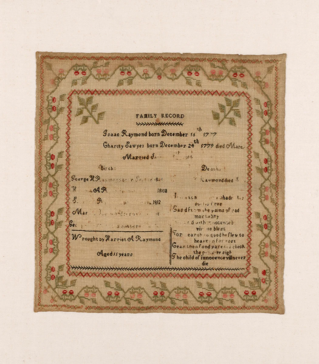 Family Record by Harriot Augusta Raymond, textile, 1809-1829