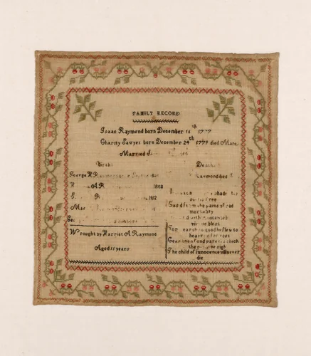 Family Record by Harriot Augusta Raymond, textile, 1809-1829