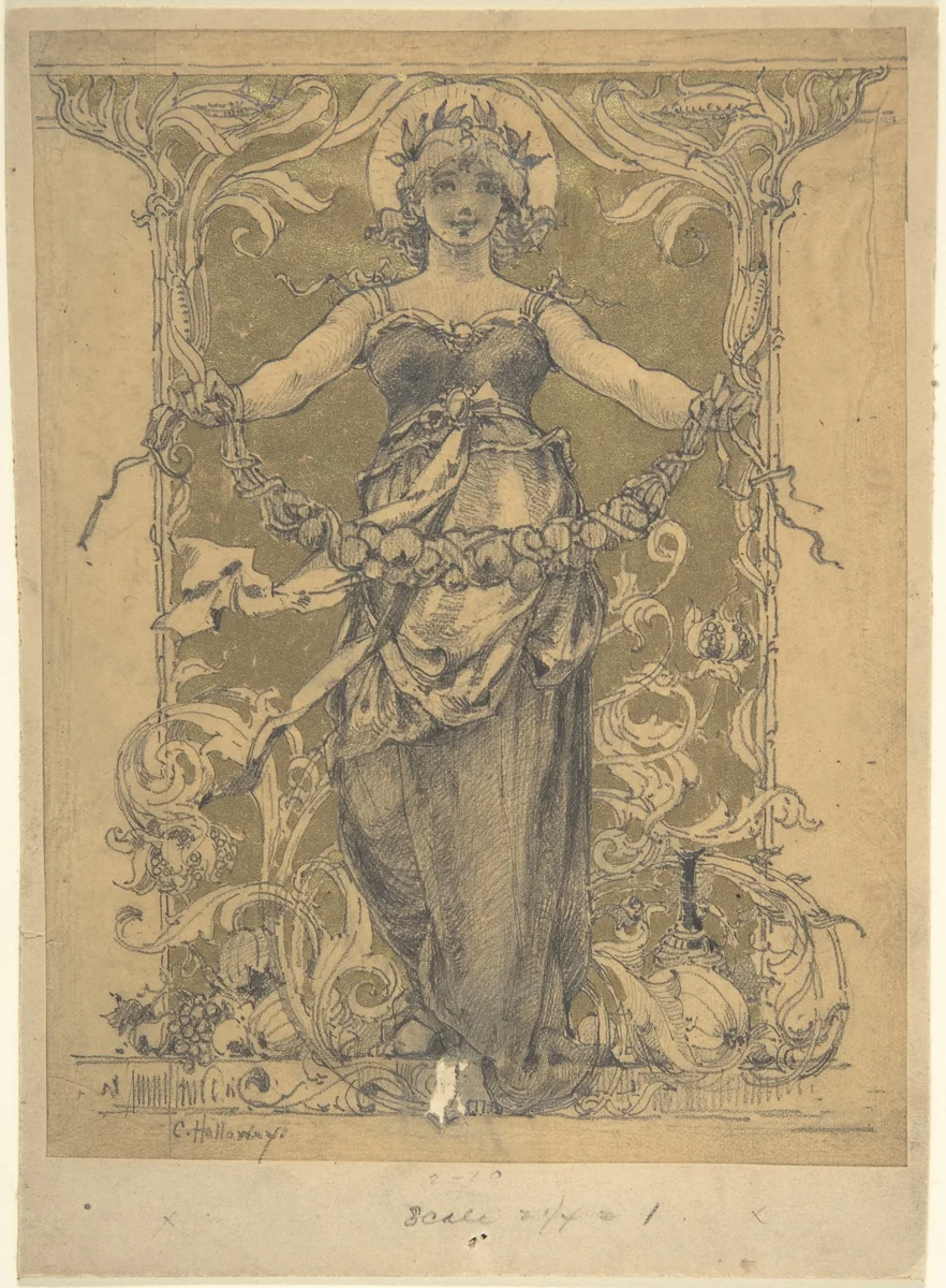 Woman Holding a Garland by Charles Edward Holloway, drawing, 1875-1885