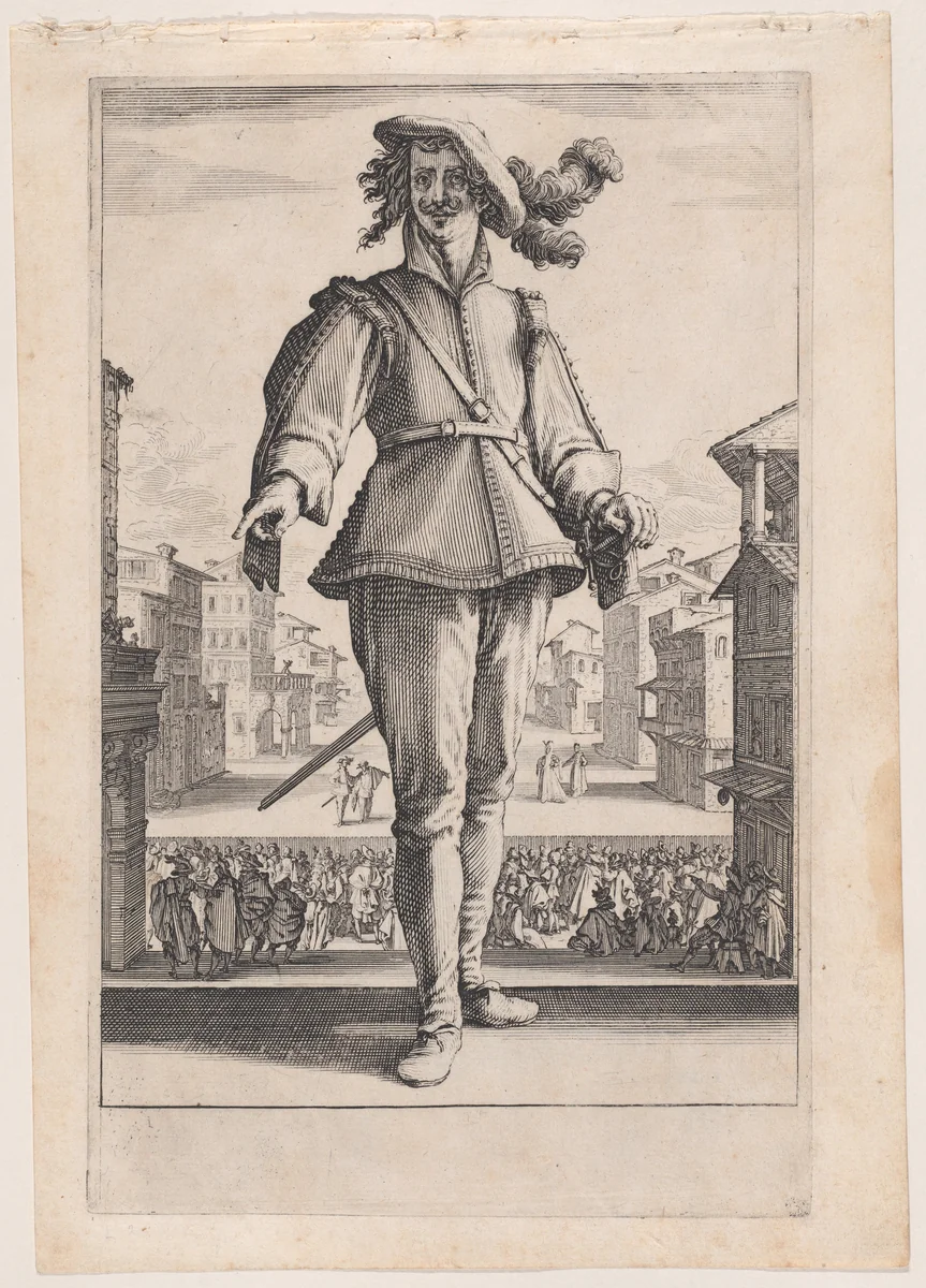 Le Captain ou L'Amoureux, from "Les Trois Pantalons pièces appélees Les Trois Acteurs" (The Three Pants also called the Three Actors) by Jacques Callot, print, 1615-1625