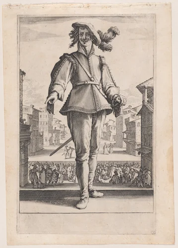 Le Captain ou L'Amoureux, from "Les Trois Pantalons pièces appélees Les Trois Acteurs" (The Three Pants also called the Three Actors) by Jacques Callot, print, 1615-1625