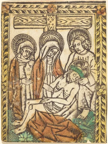 The Lamentation by Master of the Borders with the Four Fathers of the Church, print, 1460-1480