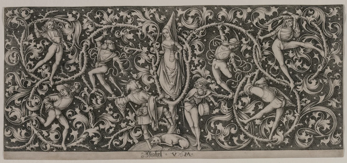 Ornament with Dance of the Lovers by Israhel van Meckenem, print, 1485-1495