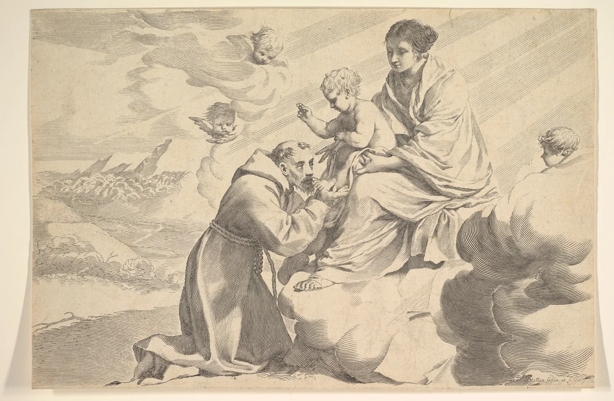 St. Francis of Assisi Adoring the Christ Child on the Virgin's Lap by Claude Mellan, print, 1600-1688