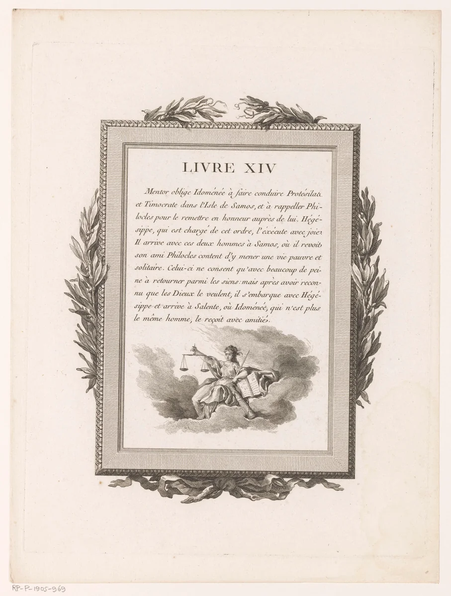 Omkaderde Franse tekst met olijftakken en Justitia by Jean-Baptiste Tilliard, print, 1785