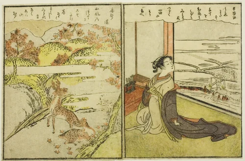Pages from Vol. 1 and 2 of "Picture Book of Spring Brocades (Ehon haru no nishiki)" by Suzuki Harunobu (鈴木春信), print, 1771