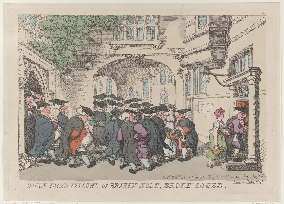 Bacon Faced Fellows of Brazen Nose, Broke Loose by Thomas Rowlandson, print, 1811
