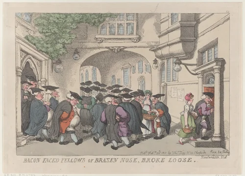 Bacon Faced Fellows of Brazen Nose, Broke Loose by Thomas Rowlandson, print, 1811