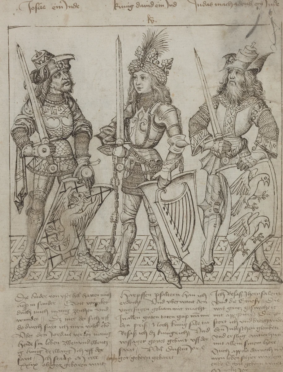 Joshua, King David and Judas Maccabeus by Primary Master of the Strassburg Chronicle, drawing, 1412-1552