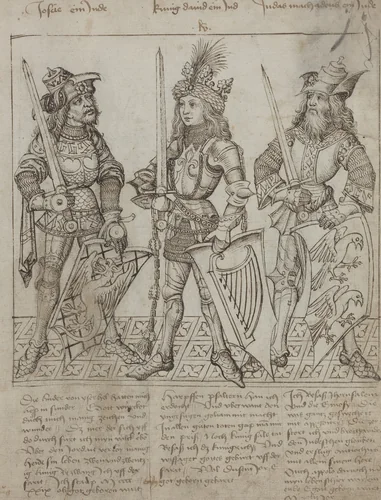 Joshua, King David and Judas Maccabeus by Primary Master of the Strassburg Chronicle, drawing, 1412-1552
