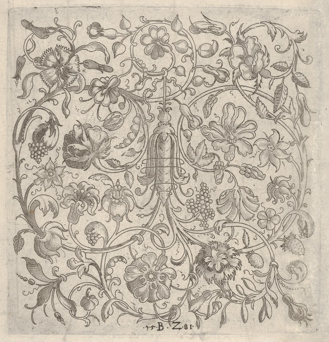 Square Panel with Vegetal Scrollwork, Flowers and Fruits by Bernhard Zan, print, 1581