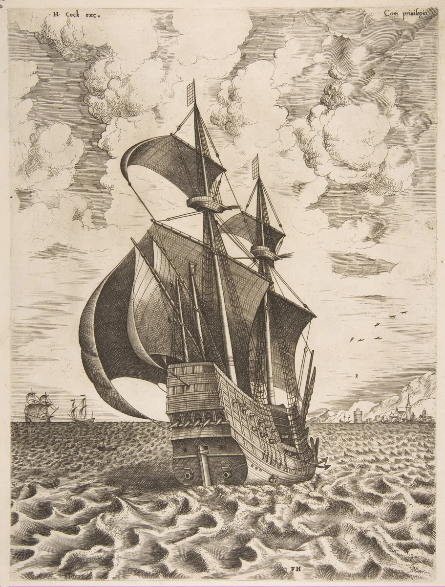 Armed Four-Master Sailing Towards a Port from The Sailing Vessels by Pieter Bruegel, print, 1561-1565