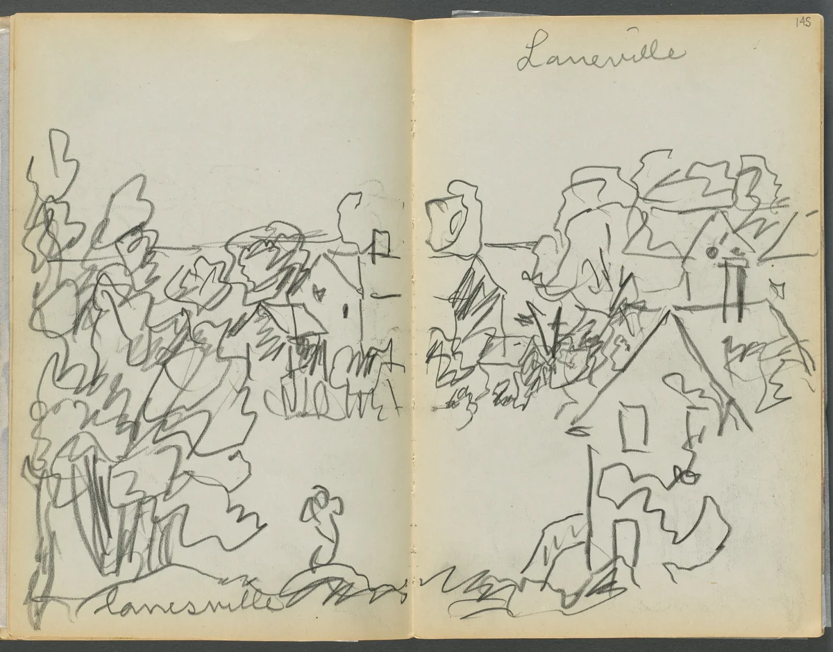 Sketchbook- The Granite Shore Hotel, Rockport, page 144 & 145: "Lanesville" by Maurice Prendergast, book, 1905-1910