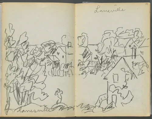 Sketchbook- The Granite Shore Hotel, Rockport, page 144 & 145: "Lanesville" by Maurice Prendergast, book, 1905-1910