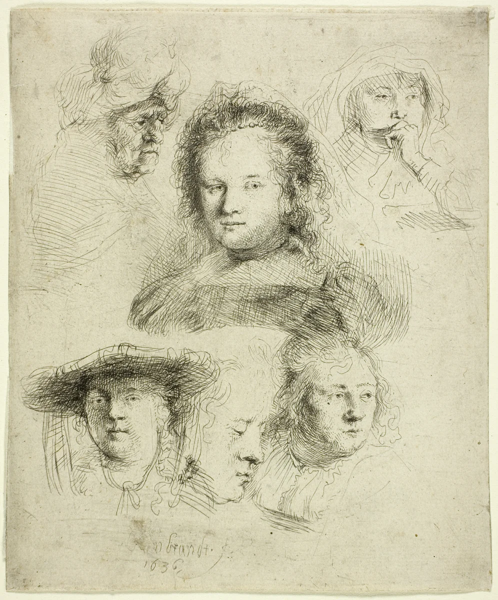 Studies of the Head of Saskia and Others by Rembrandt van Rijn, print, 1636