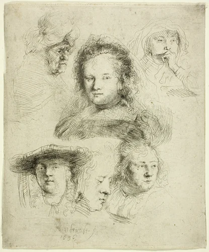 Studies of the Head of Saskia and Others by Rembrandt van Rijn, print, 1636