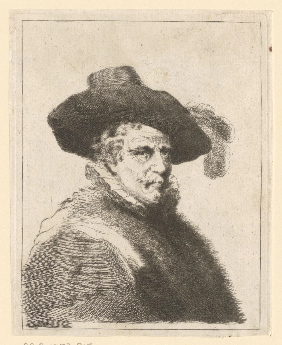 Portret van onbekende man met hoed met veer, plooikraag en jas met bont by Thomas Worlidge, print, 1710-1766
