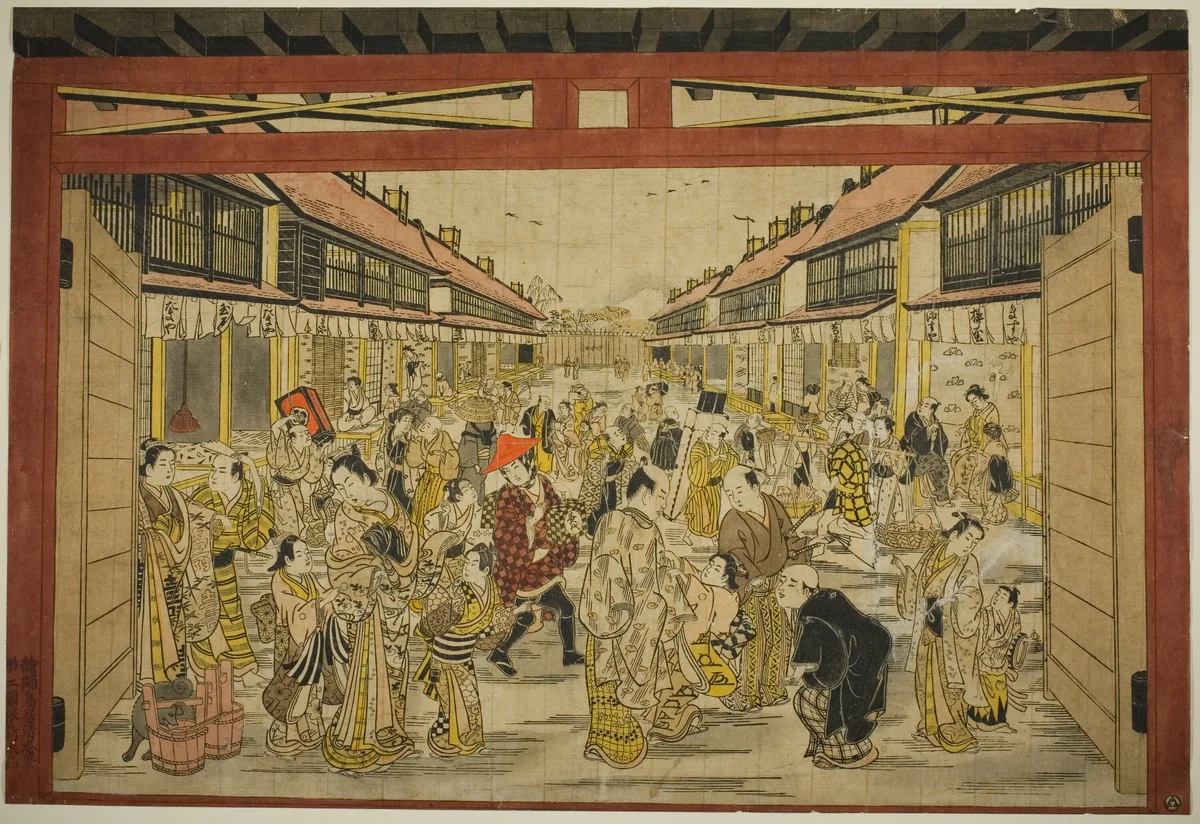 The Main Gate, New Yoshiwara by Torii Kiyotada, print, 1740-1750
