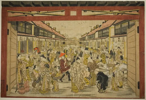 The Main Gate, New Yoshiwara by Torii Kiyotada, print, 1740-1750