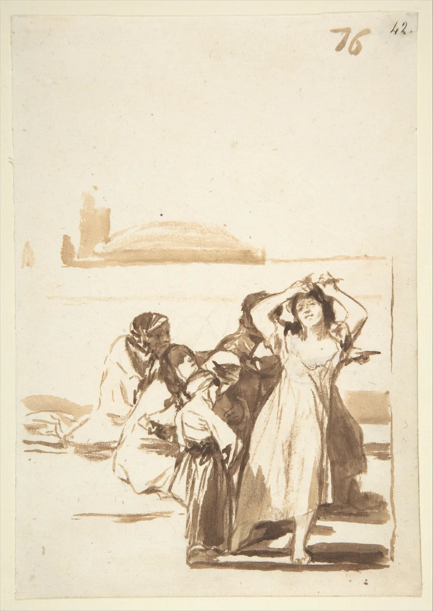 A woman pulling at her hair accompanied by a group of figures; page 76 from the "Images of Spain" Album (F) by Goya, drawing, 1807-1825