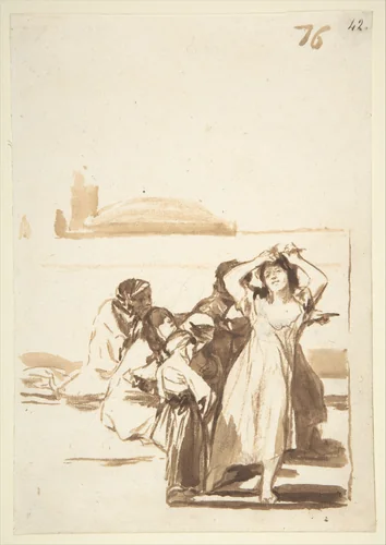 A woman pulling at her hair accompanied by a group of figures; page 76 from the "Images of Spain" Album (F) by Goya, drawing, 1807-1825