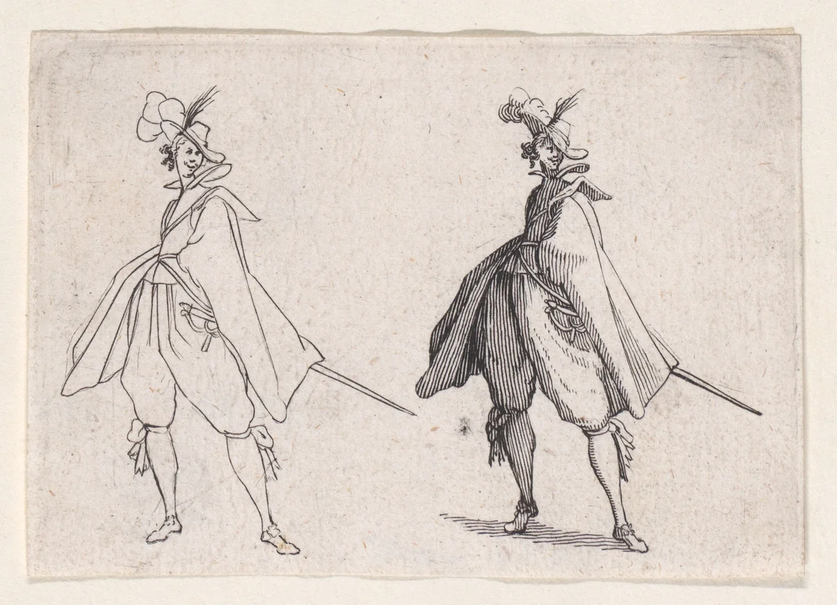 Copy of Le Gentilhomme au Grand Manteau, Vu de Face (Gentleman with a Large Mantle, Viewed from the Front), from "Les Caprices" Series A, The Florence Set by anonymous, print, 1620-1700