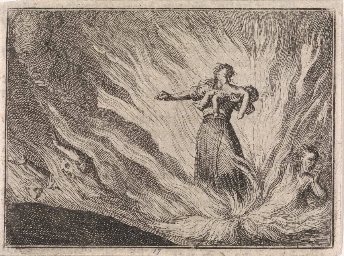 Vrouw verscheurt een kind met haar tanden temidden van helse vlammen by Caspar Luyken, print, 1710