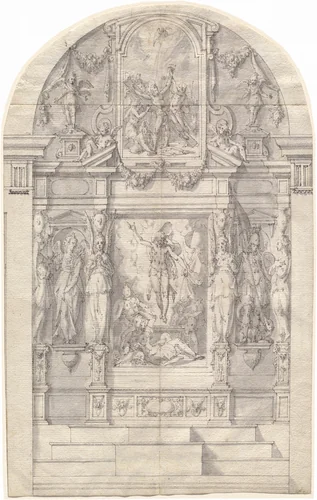 An Elaborate Altar with the Resurrection of Christ and the Martyrdom of Saint Andrew by Friedrich Sustris, drawing, 1570-1580