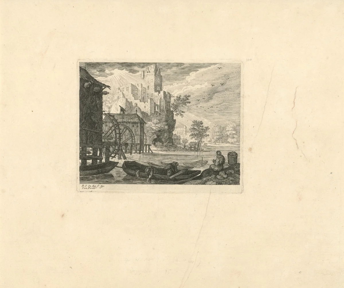 Watermolens in een landschap by Aegidius Sadeler, print, 1597-1629