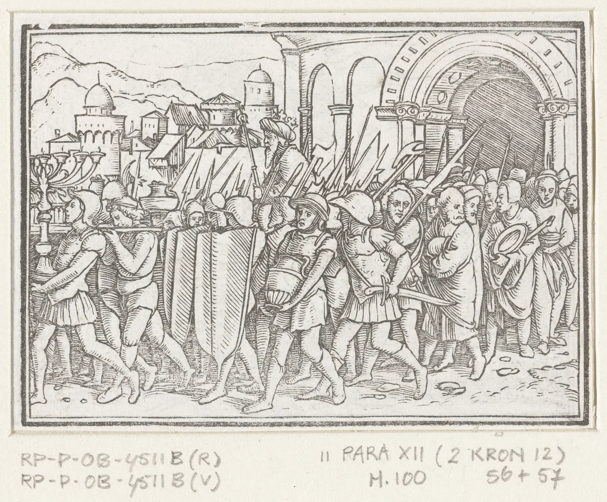 Sisak van Egypte rooft schatten uit de tempel by Hans Holbein, print, 1538