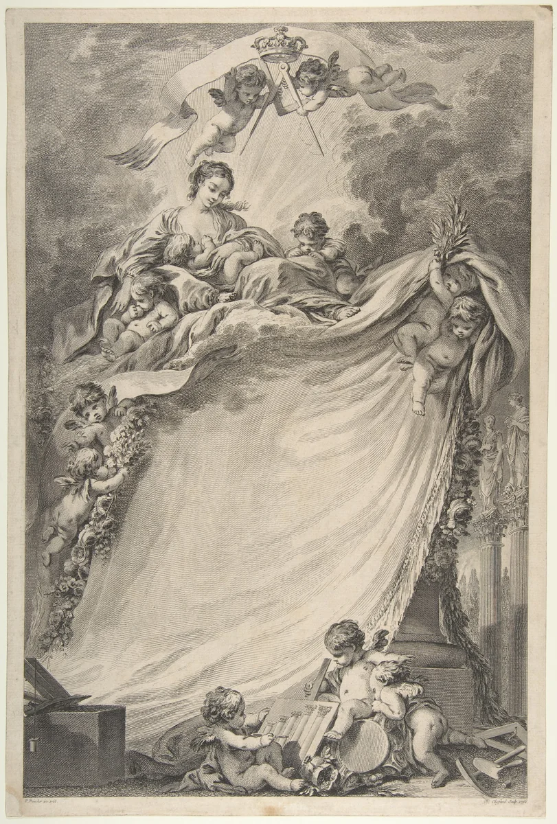 Diploma of the Freemasons of Bordeaux, after François Boucher by Pierre Philippe Choffard, print, 1766